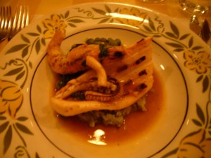 Squid and gamba with peas and spinach