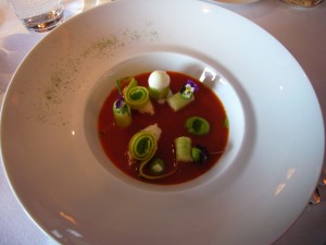 Crap, green apple, cucumber and avocado with gazpacho