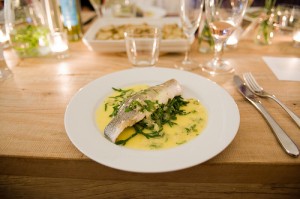Main course: sea bass with marsh samphire and parsley beurre blanc
