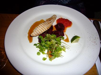 Grilled mackerel, tomato jam, beetroot and oyster sauce
